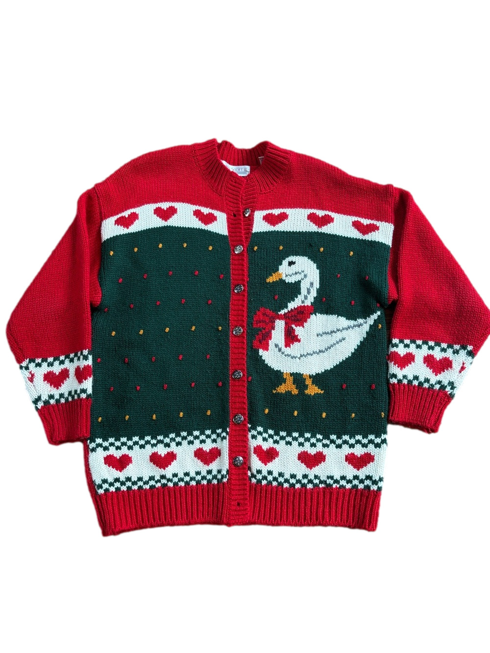 Karen Scott II sz 1X vintage goose and red hearts cardigan sweater